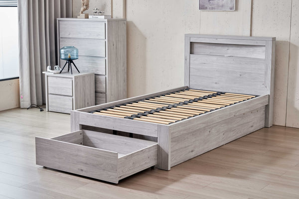 Belleville King Single front gas lift bed in Cement Grey showing both storage areas open