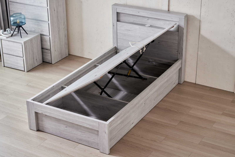 Belleville King Single side board gas lift bed in Cement Grey with the mattress platform raised