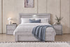 Belleville Queen side gas lift bed in Cement Grey with raised storage platform and open end drawer