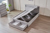 Belleville Queen side gas lift bed and end drawer in Cement Grey showing open under-bed storage