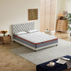 Morrison Bliss Mattress - Morrison Mattress Factory - Pictured on a custom Australian Mde bed frame in a light grey fabric with diamond buttoning in the bedhead and timber legs - lifestyle photo