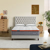 Morrison Bliss Mattress - Morrison Mattress Factory - Pictured on a custom Australian Mde bed frame in a light grey fabric with diamond buttoning in the bedhead and timber legs - lifestyle photo