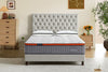 Morrison Bliss Mattress - Morrison Mattress Factory - Pictured on a custom Australian Mde bed frame in a light grey fabric with diamond buttoning in the bedhead and timber legs