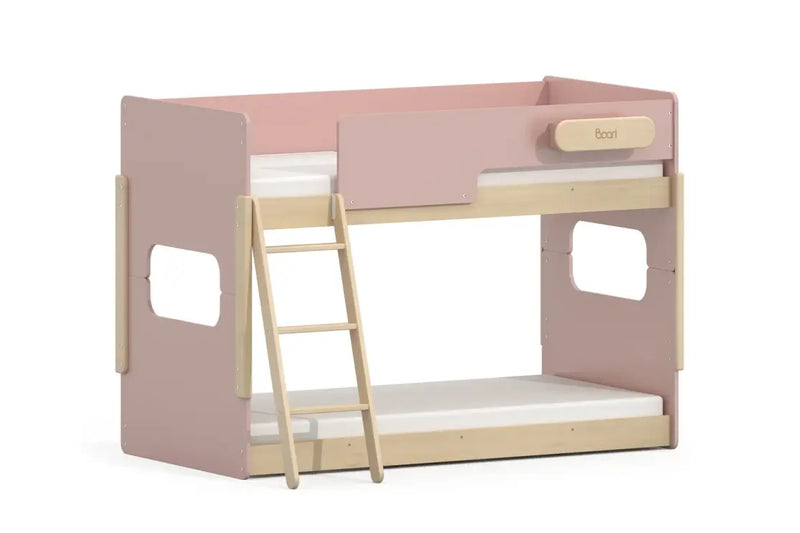 Boori Neat Single Bunk Bed in Cherry and Natural pine - low-line 140cm kids bunk with left-side ladder, splits into two singles.