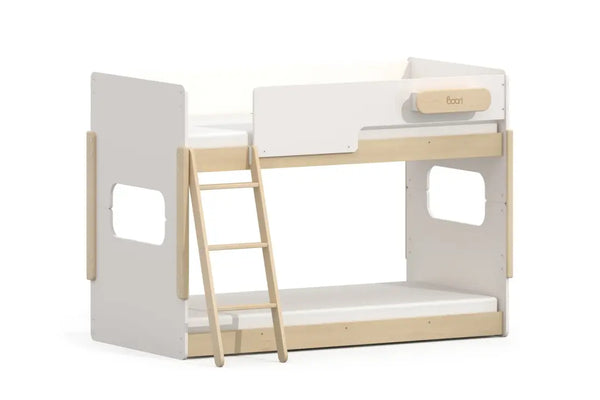 Boori Neat Single Bunk Bed in White and Natural timber - 140cm low-line single bunk with switchable ladder, converts to two single beds.