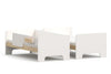 Boori Neat Single Bunk Bed split into two single beds in White and Natural Timber - one guarded single, one open single, showing the two-bed conversion mode.