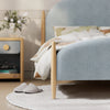 Close-up of Blueberry upholstered footboard on Boori Yarra Double Bed V25 showing fabric detail and solid beech timber