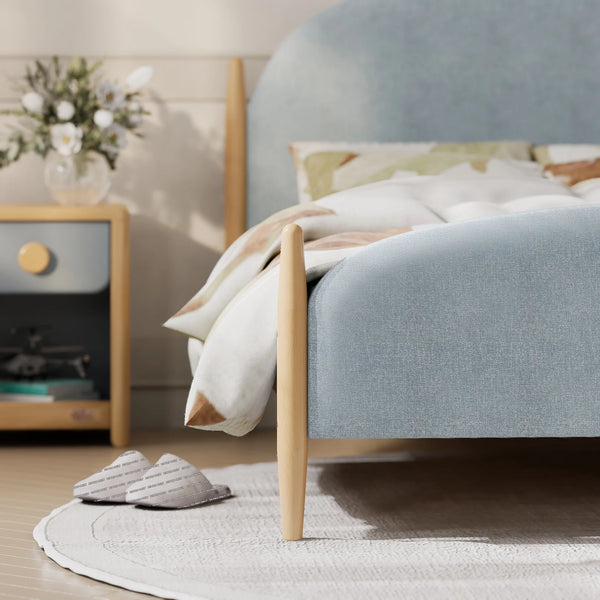 Close-up of Blueberry upholstered footboard on Boori Yarra Double Bed V25 showing fabric detail and solid beech timber