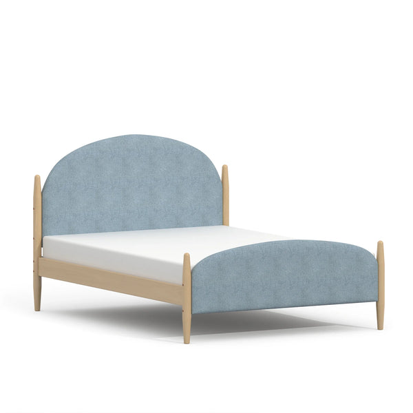 Boori Yarra Double Bed V25 in Blueberry fabric with rounded upholstered headboard and footboard, light timber frame