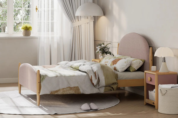 Boori Yarra Double Bed V25 in Cherry fabric styled in contemporary Australian bedroom