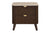 Wooden walnut coloured nightstand with two drawers on a white background with a stone top