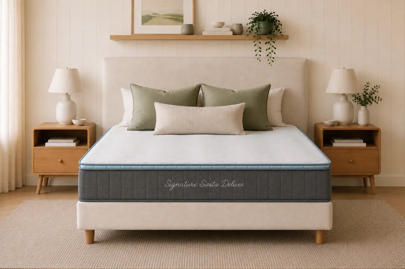 Morrison Signature Siesta Deluxe mattress with plush pillow-top and signature teal border, styled in a coastal-inspired bedroom with sage green and linen cushions