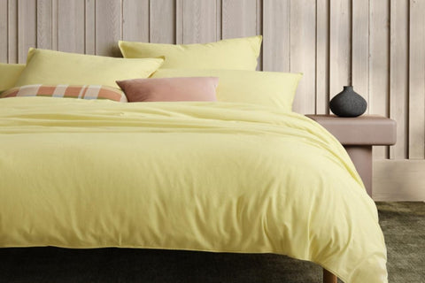 Sheridan Reilly Spring 2023 Quilt Cover Set - Colour Yuzu Yellow - eilly's vintage washed chambray gives the bed the feel of your favourite, lived-in shirt. It's just as low-maintenance too - tumble drying will only enhance its tousled, casual appearance. Reilly Queen, King or Super King sizes include a quilt cover and two standard pillowcases (twin needle stitch along four sides).