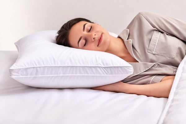 Side sleeper resting on a high support Profiling Pillow, Australian Made with recycled fibre fill.