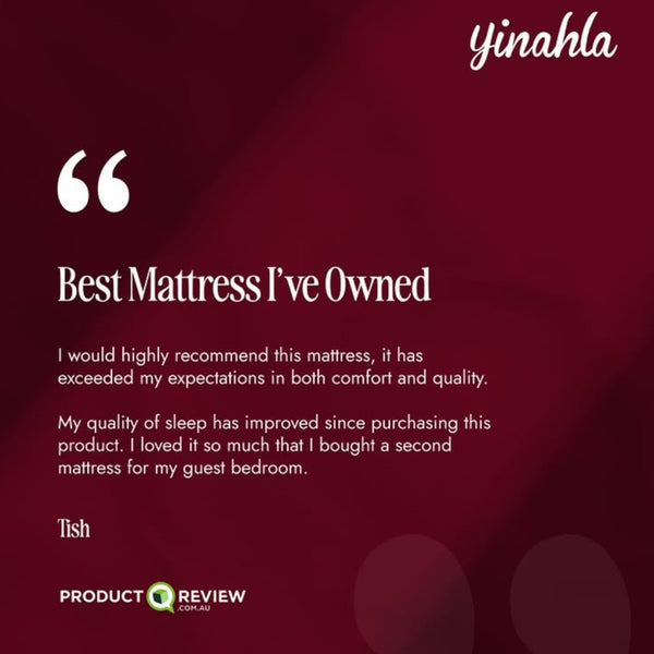 Product review of a Yinahla Classic Comfort mattress on a dark red background. "The Best Mattress Ive Owned"