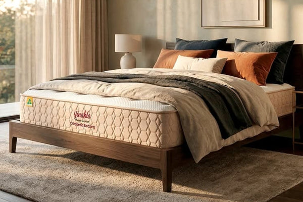 Yinahla Classic Comfort mattress on a wooden bed frame in a modern bedroom, Australian made Chiropedic Bedding chiropractic support mattress with quilted cover