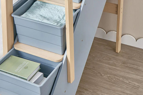 The Natty King Single Bunk Bed features a contemporary two-tone design. It's ideal for Scandinavian-inspired interiors and includes a handy little shelf to keep items close by, as well as a storage staircase complete with plastic storage tubs perfect for keeping your child's bedroom neat and tidy Available in 3 colours - Pictured in Blueberry & Almond