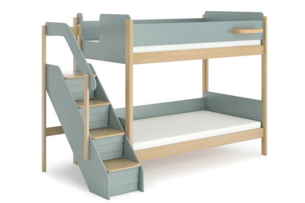 The Natty King Single Bunk Bed features a contemporary two-tone design. It's ideal for Scandinavian-inspired interiors and includes a handy little shelf to keep items close by, as well as a storage staircase complete with plastic storage tubs perfect for keeping your child's bedroom neat and tidy Available in 3 colours - Pictured in Blueberry & Almond