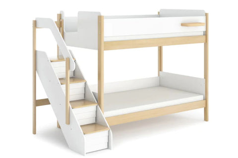 The Natty King Single Bunk Bed features a contemporary two-tone design. It's ideal for Scandinavian-inspired interiors and includes a handy little shelf to keep items close by, as well as a storage staircase complete with plastic storage tubs perfect for keeping your child's bedroom neat and tidy Available in 3 colours - Pictured in Barley White & Almond