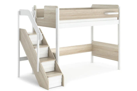 Contemporary two-tone design. It's ideal for Scandinavian-inspired interiors & includes a handy little shelf to keep items, as well as a storage staircase complete with plastic storage tubs perfect for keeping your child's bedroom neat & tidy. Crafted from a combination of sustainable Australian Araucaria timber