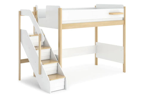 Contemporary two-tone design. It's ideal for Scandinavian-inspired interiors & includes a handy little shelf to keep items, as well as a storage staircase complete with plastic storage tubs perfect for keeping your child's bedroom neat & tidy. Crafted from a combination of sustainable Australian Araucaria timber